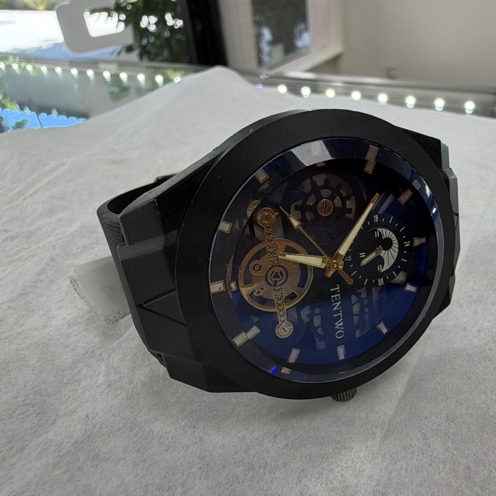 TENTWO Quartz Analog Skeleton Dial Watch Blue/Black/Gold Black Rubber Strap