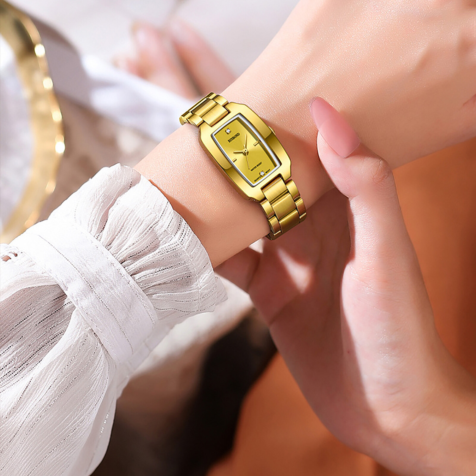 Women’s Charm Rectangle Dial Quartz Wrist Watch Stainless Steel Rhinestone Dial