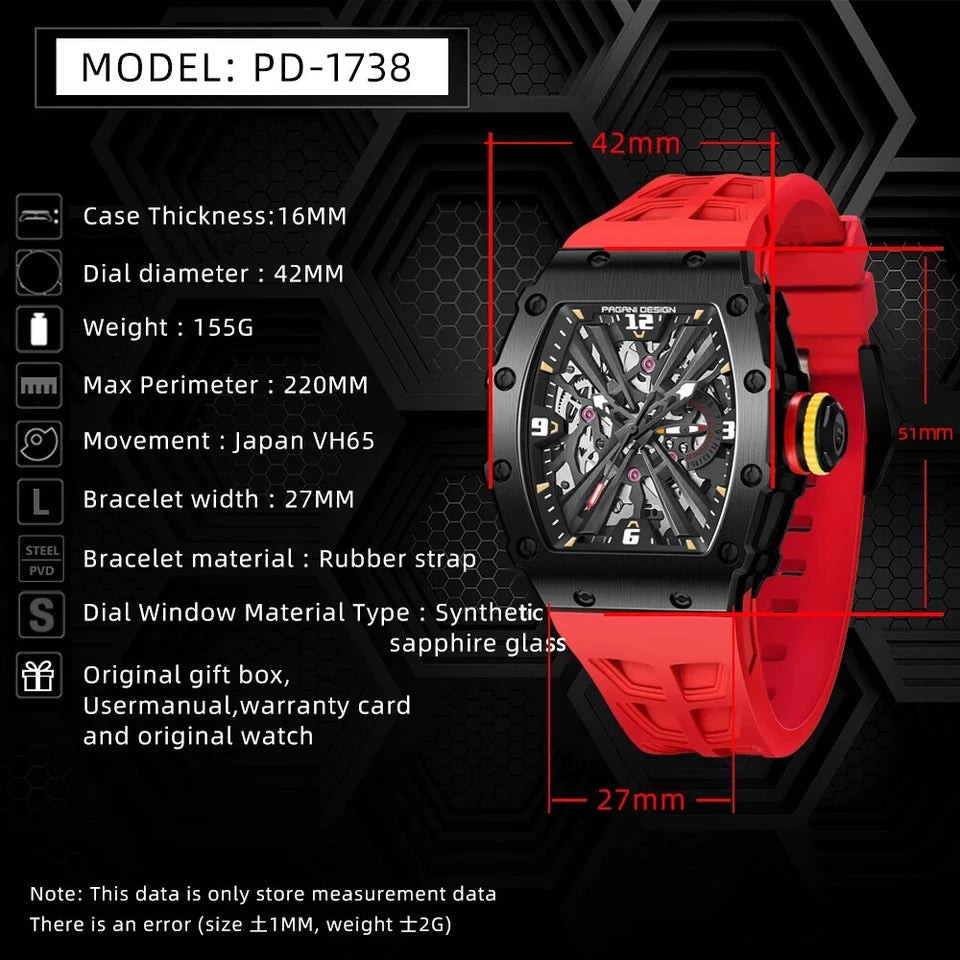 Pagani Design PD-1738 Red Skeleton Silicone Automatic Men’s Watch