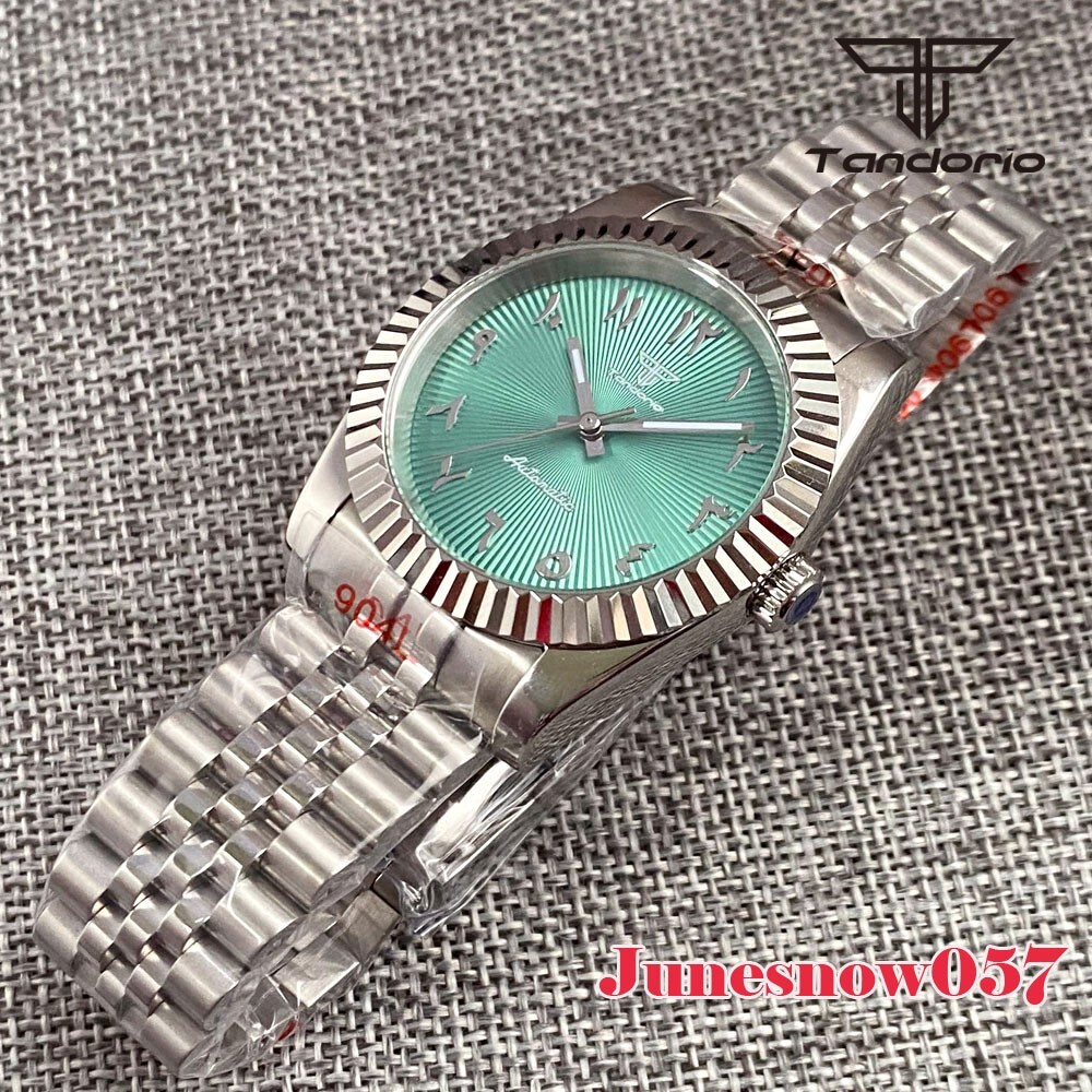 Fluted Bezel 200m Waterproof 36MM Mint Green Arabic NumeralWatch NH35 Auto DateJ