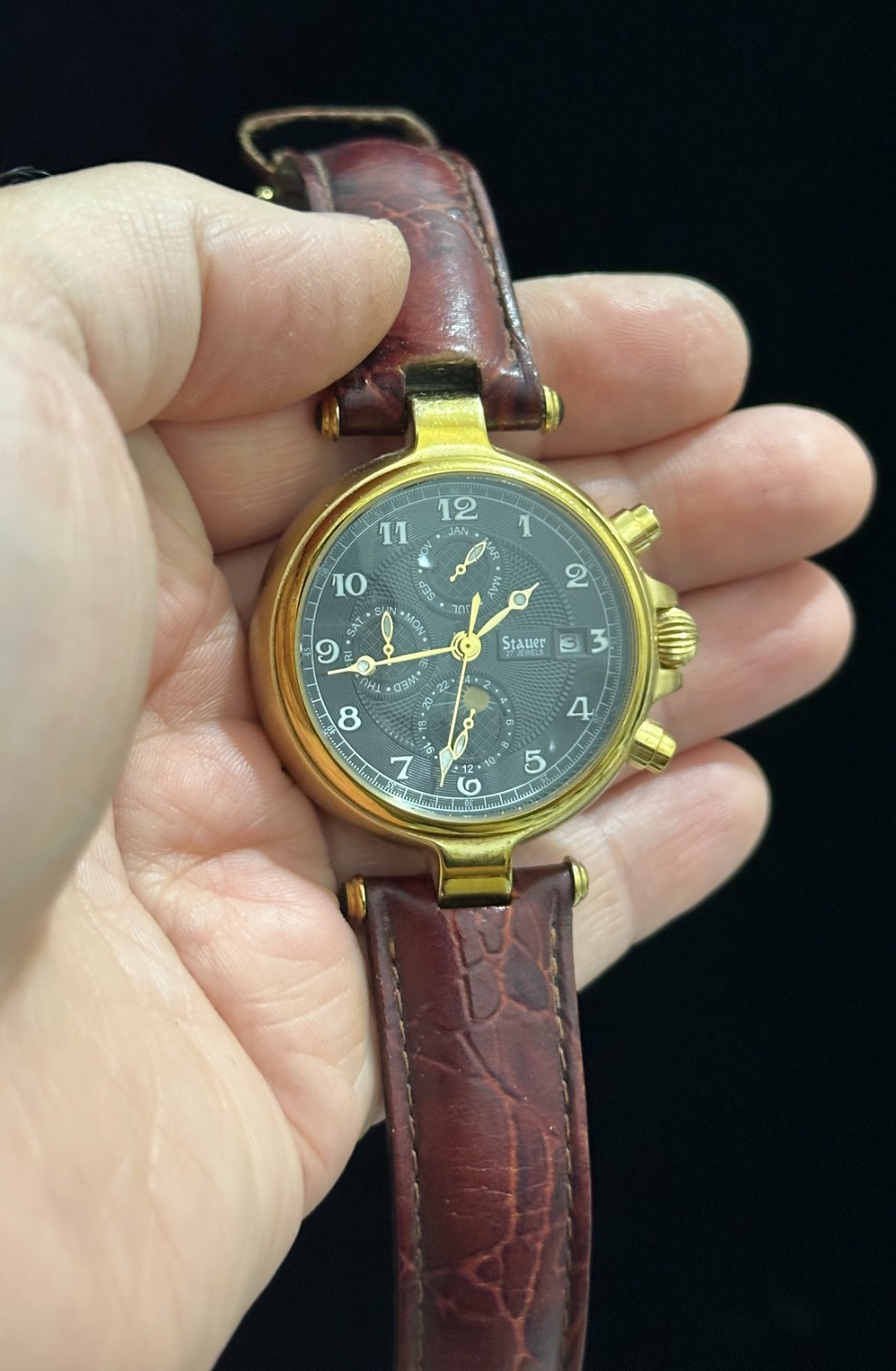 Stauer Chronograph Beautiful 27 Jewels DS14685 93 Gold Tone Automatic Mens Watch