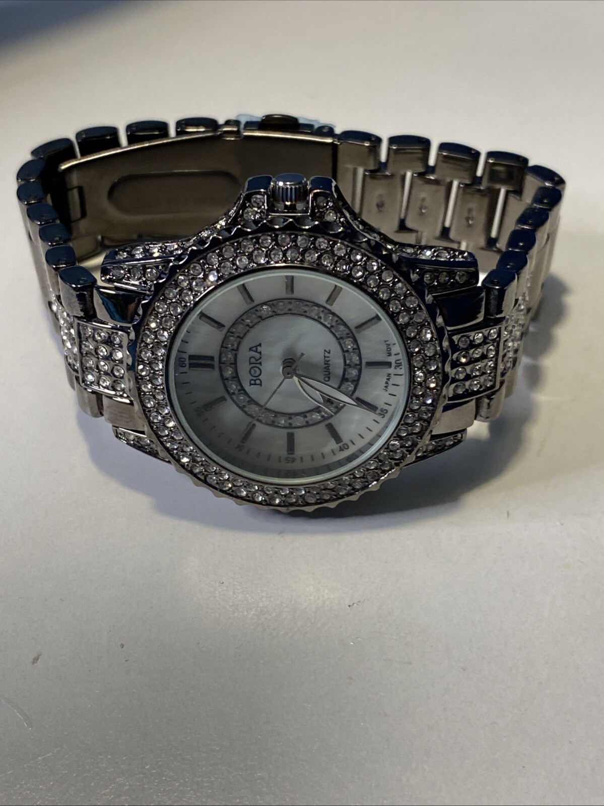 BORA Women’s Watch Gun Metal Tone With Rhinestones New Battery