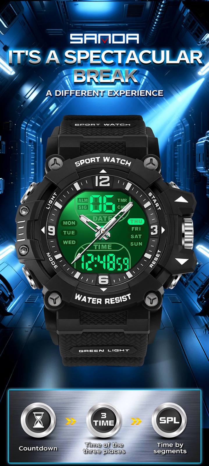Trendy dual display dial multifunctional sports style quartz waterproof watch