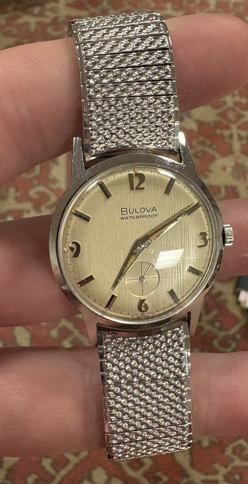 Bulova Surf King Watch linen dial ~keeps great time~32 mm 17j 11AL 10kt GF band
