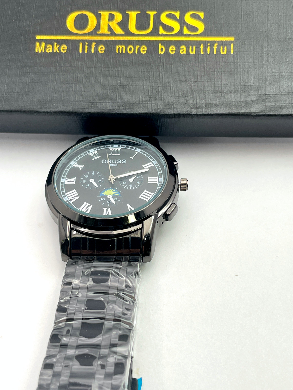 Oruss 1853 Black Dial Roman Numeral Watch Sleek Black Band Second Hand