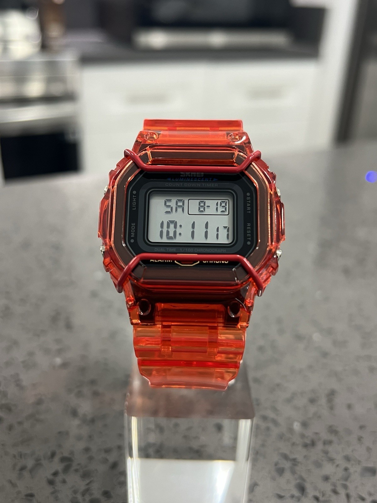 Gshock DW5600 Mod Custom Skmei Watch Clear Red & Travel Case