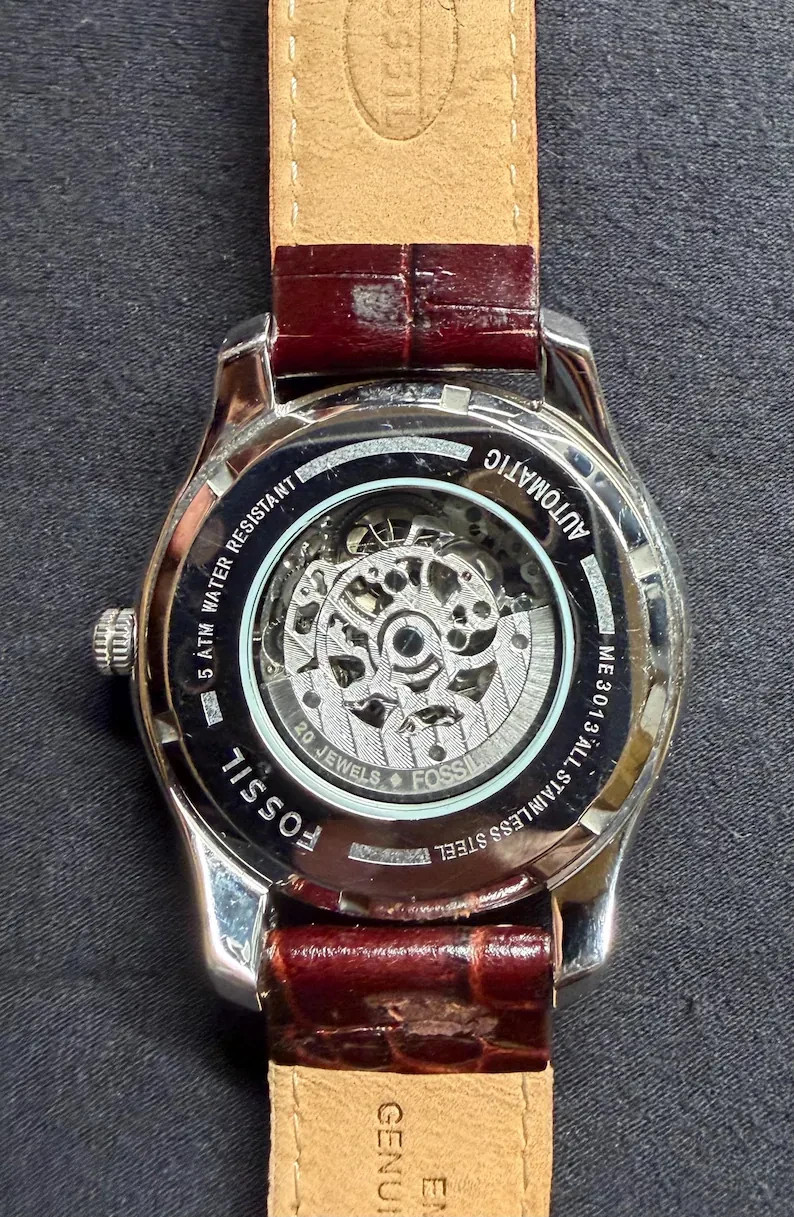 Men’s Fossil ME-1031 Automatic Watch With Skeleton Khaki Dial And Blue Hands