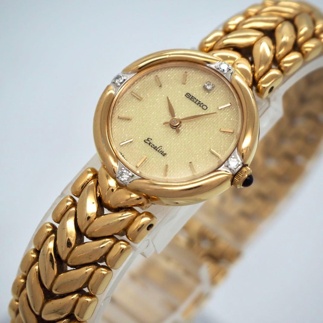 Seiko Exceline Gold Ladies Watch Diamond Quartz Japan 074580