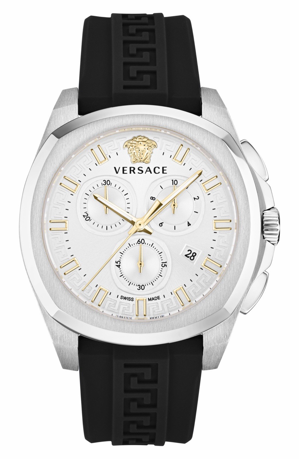Versace V-Chrono Men’s Quartz Chronograph Date Silver Dial Black Rubber Strap