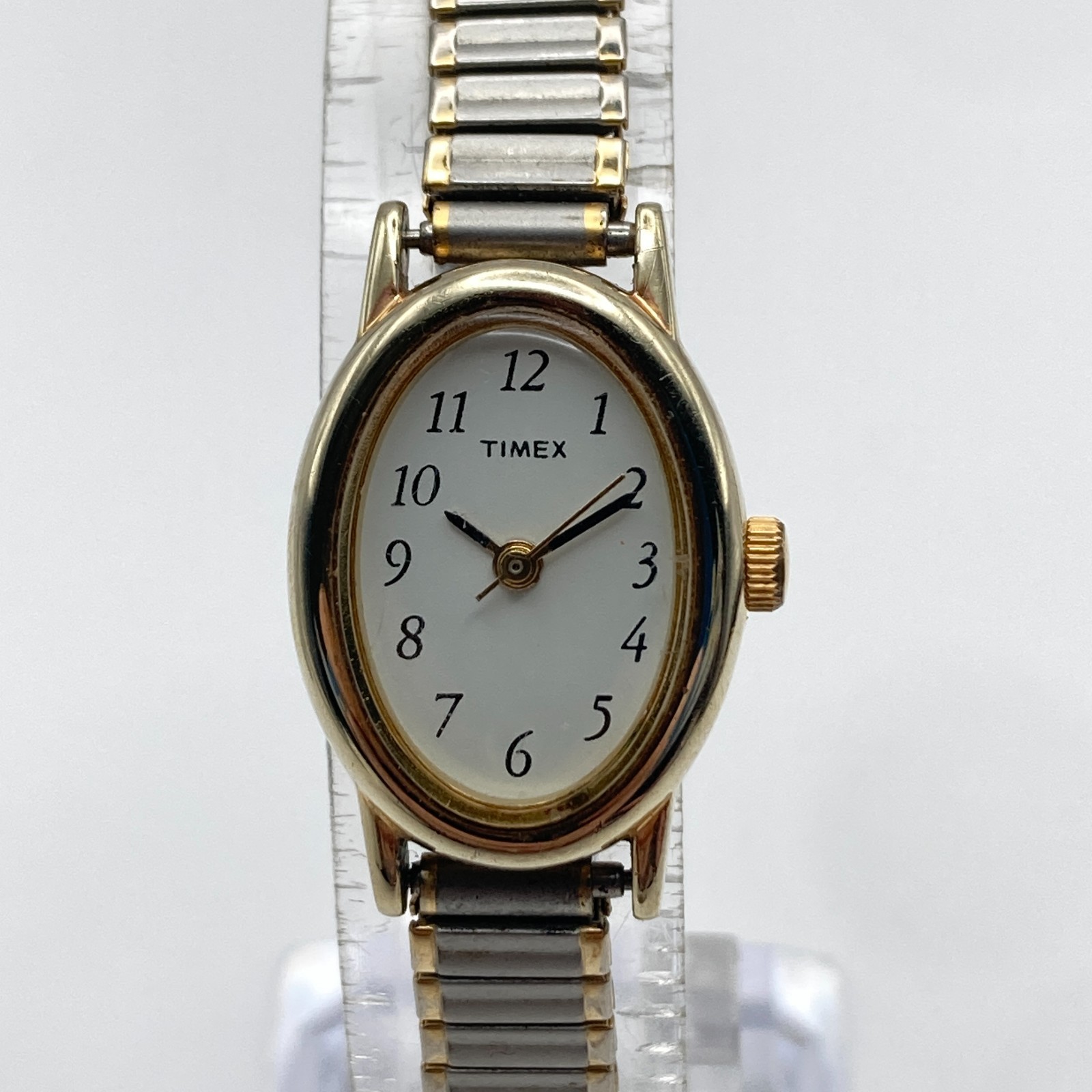 Timex Cavatina Women’s Watch Gold Silver Tone 18mm Stretch New Battery SMALL 6″