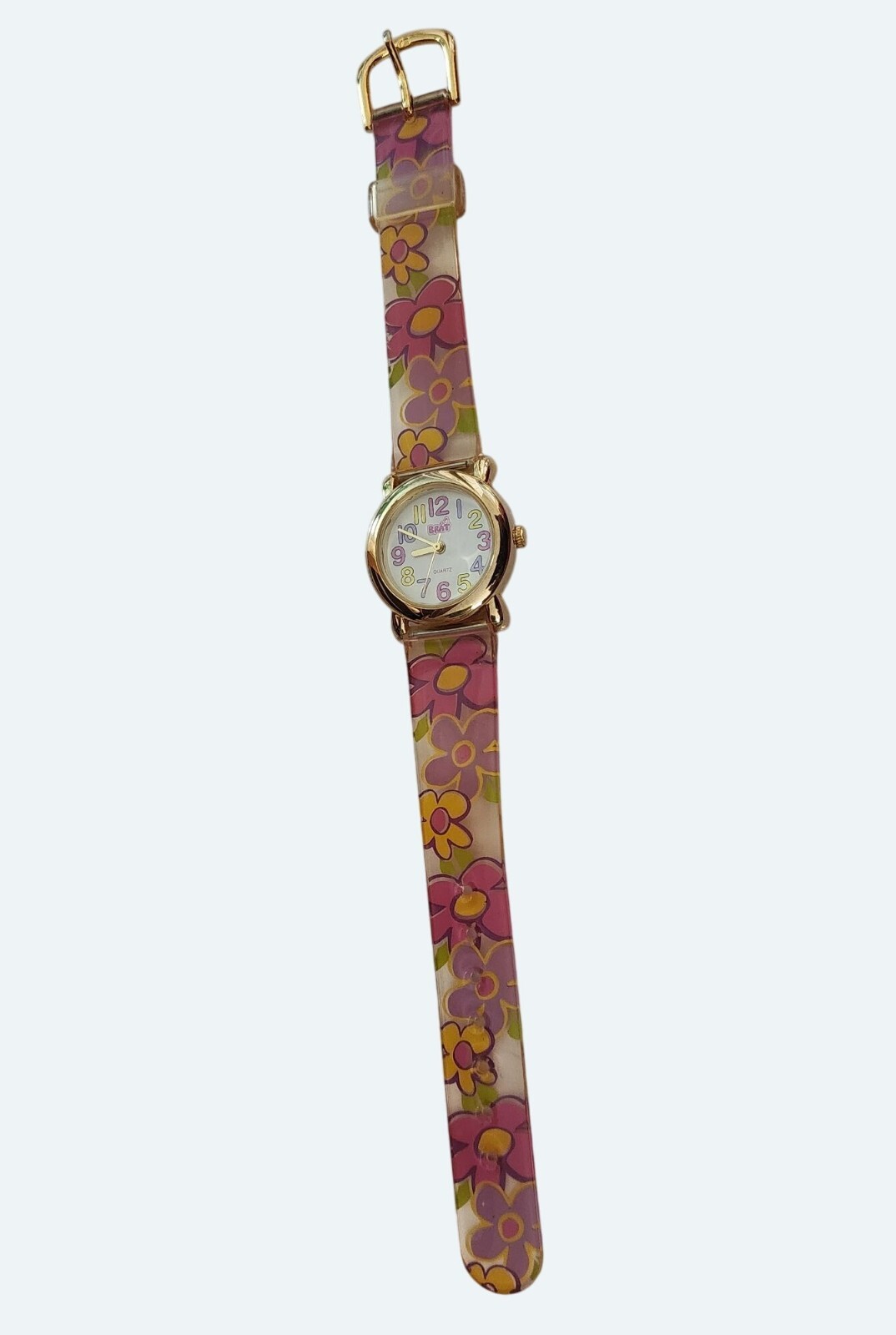 Vtg Brat Womens Quartz Watch w Pink Purple Floral Band Gold-Tone New Battery