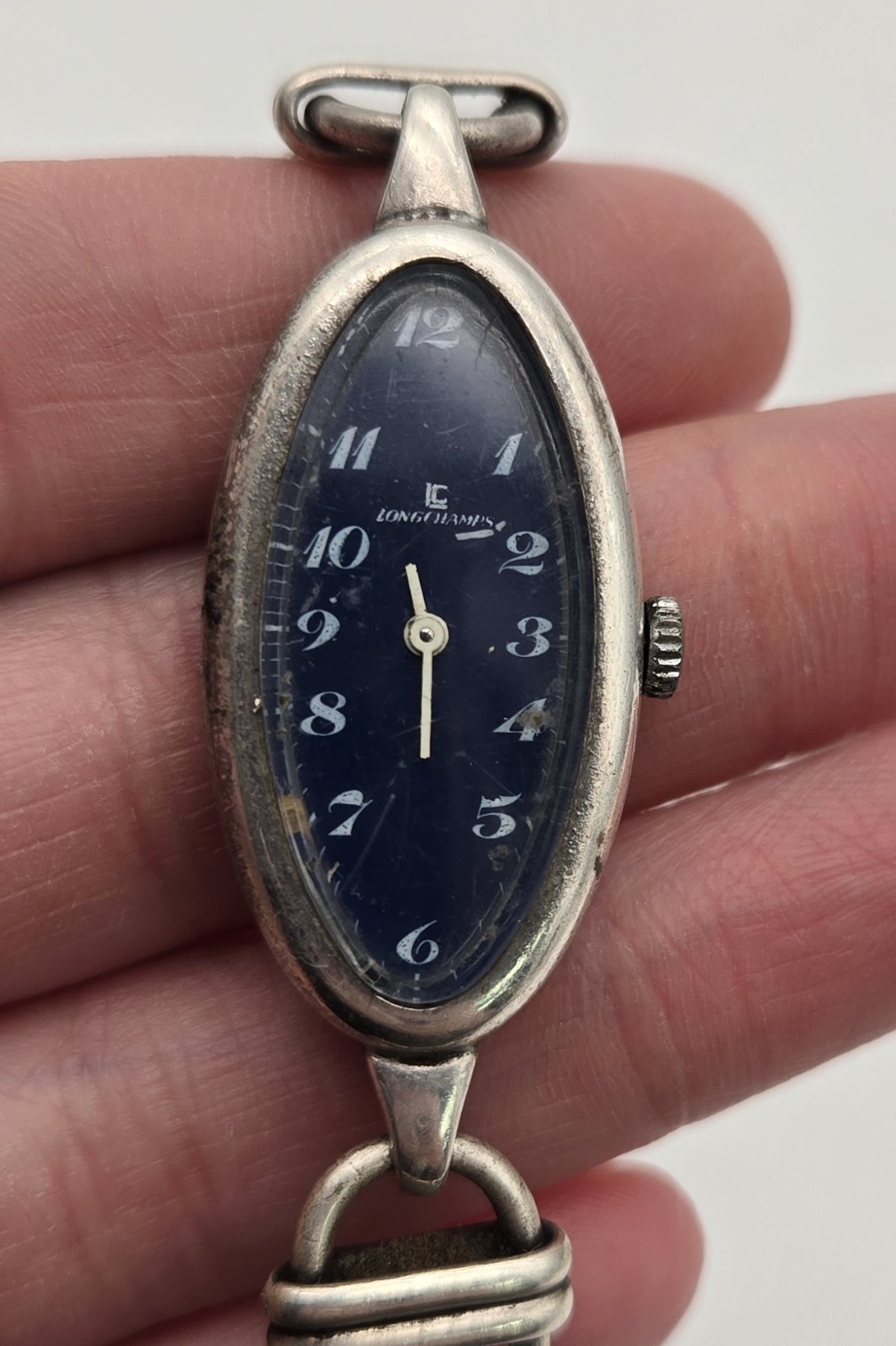 Vintage Longchamps Sterling Silver Blue Face Oval Women’s Midcentury Watch