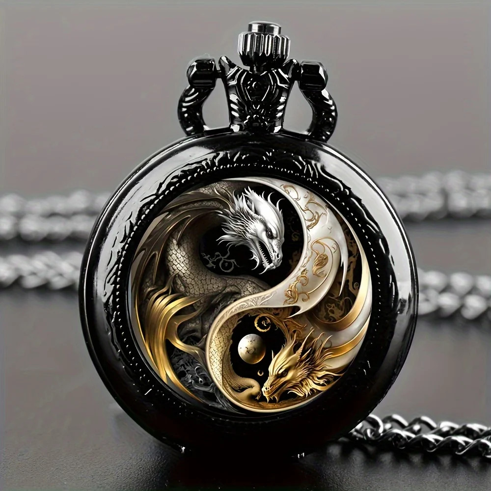 Retro Double Dragon Pattern Golden Silvery Quartz Pocket Watch Classic Style