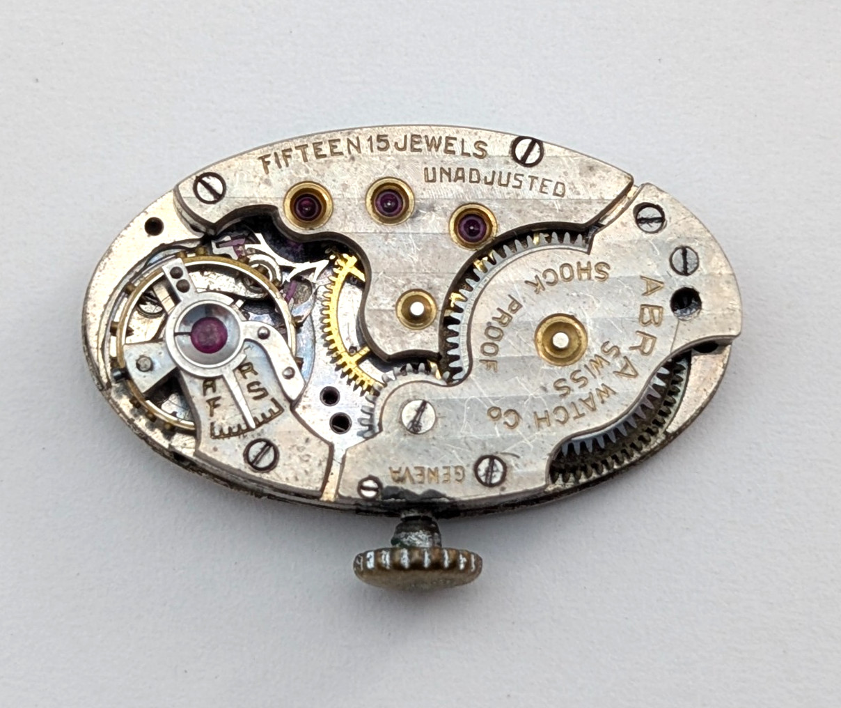Antique ABRA 15j Art Deco Textured Dial Swiss Watch Movement 15mm PARTS REPAIR