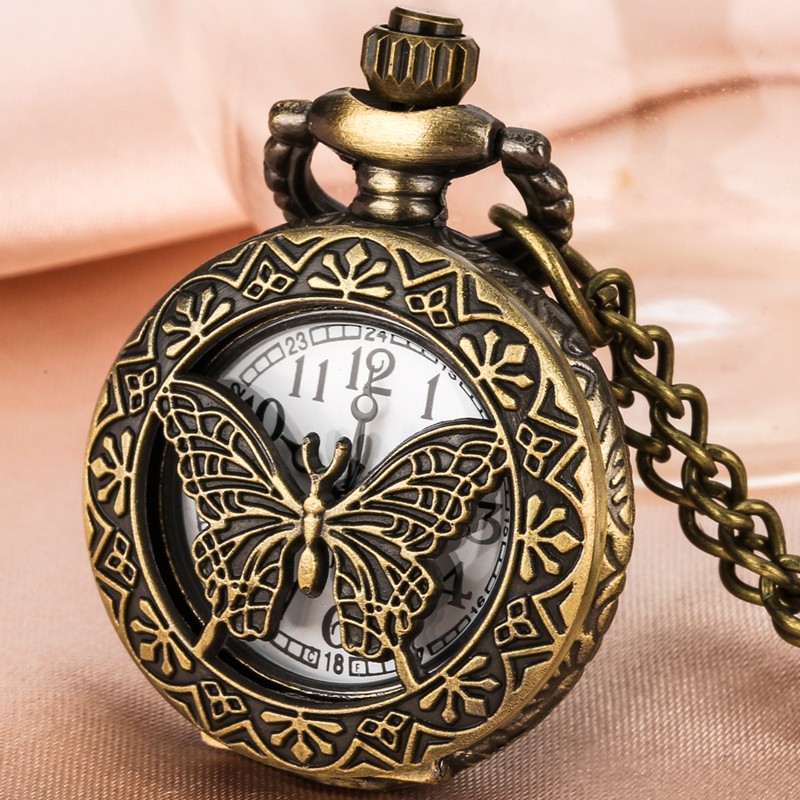 Mini Steampunk Quartz Pocket Watch Engraved Antique Bronze w/ Necklace Chain