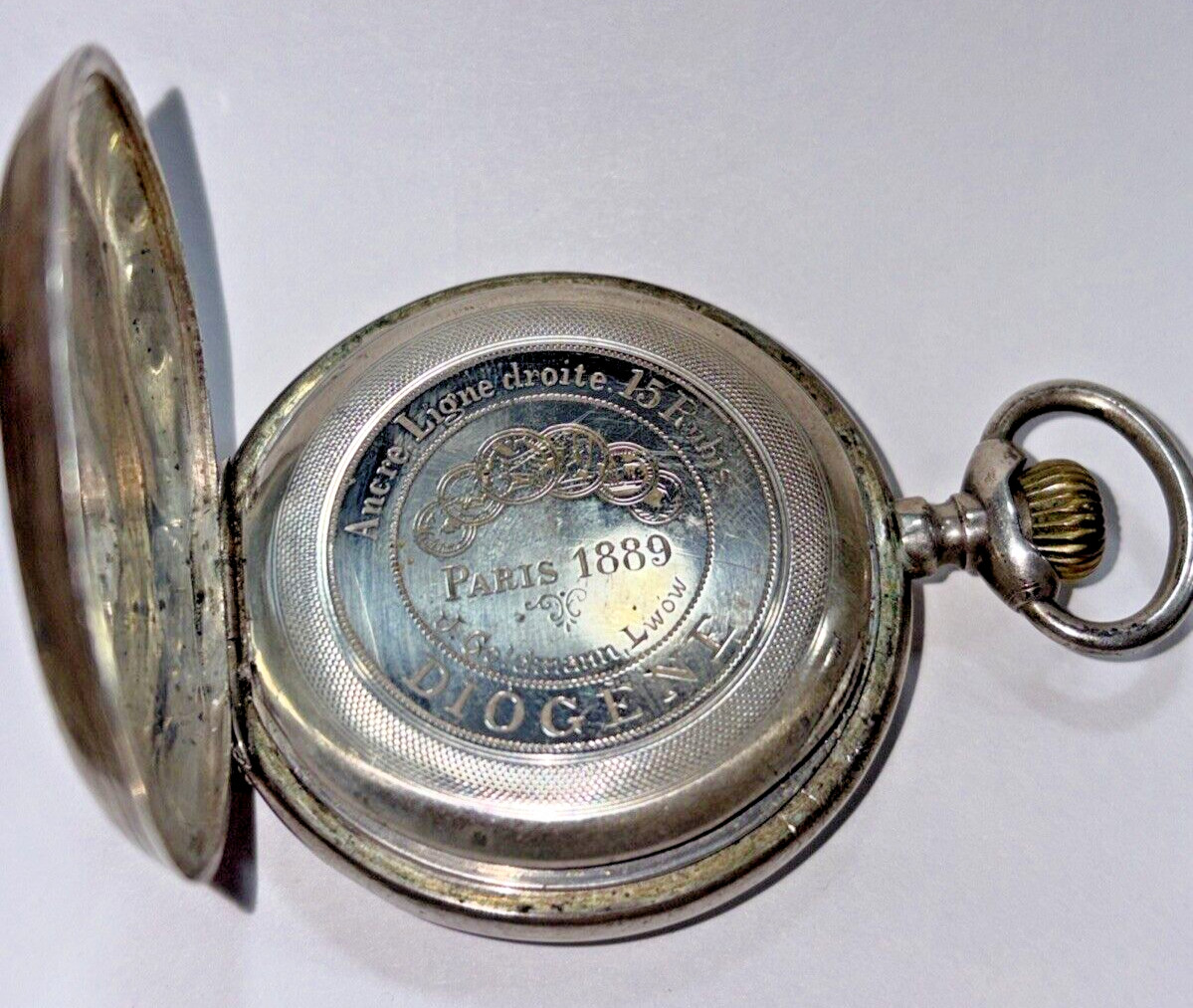J. GOLDMANN, LWOW (LVIV), POLAND RETAILER C. 1890 DIOGENE SILVER POCKET WATCH