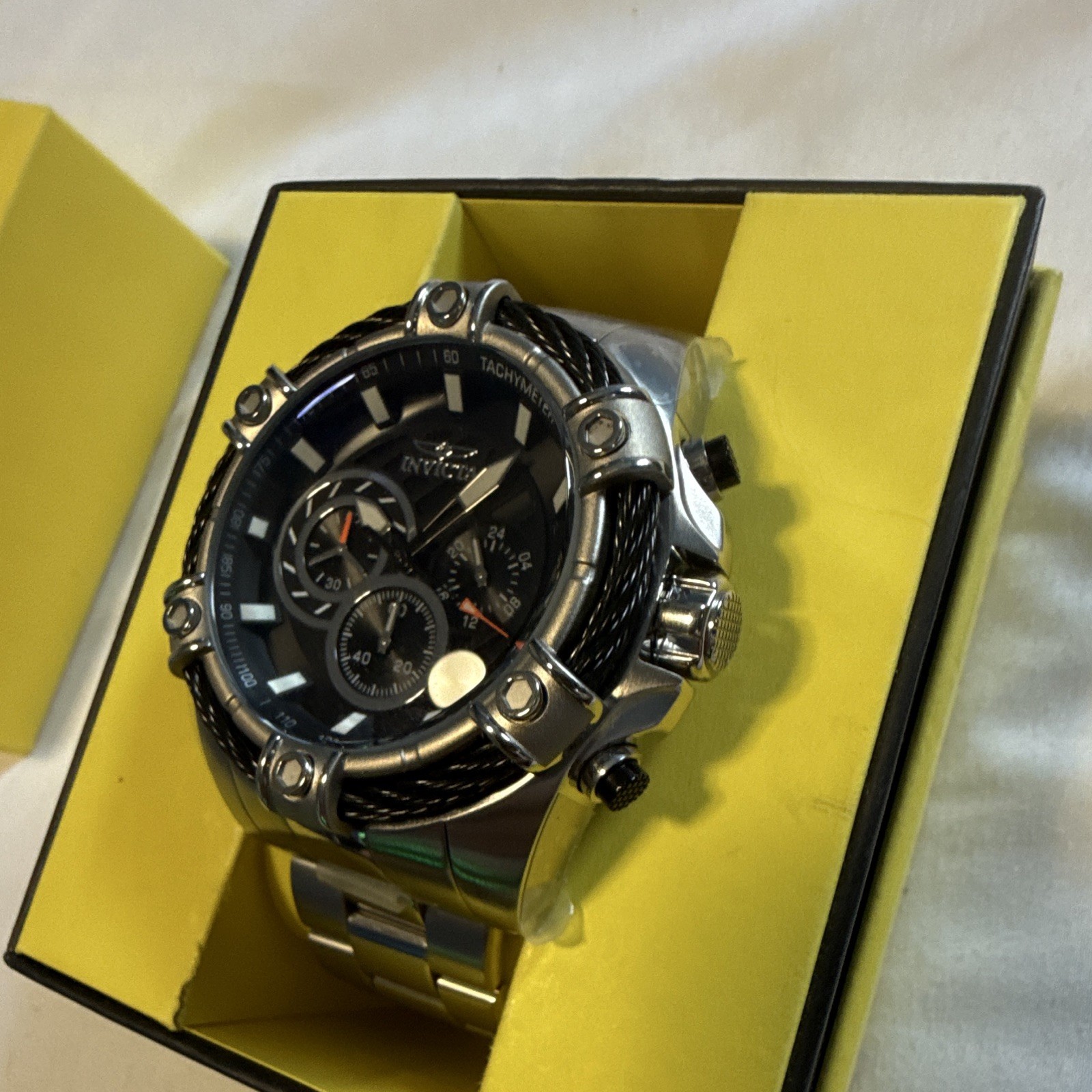 Invicta Bolt Men’s Quartz Chronograph Tachymeter 52mm Black Dial SS Box