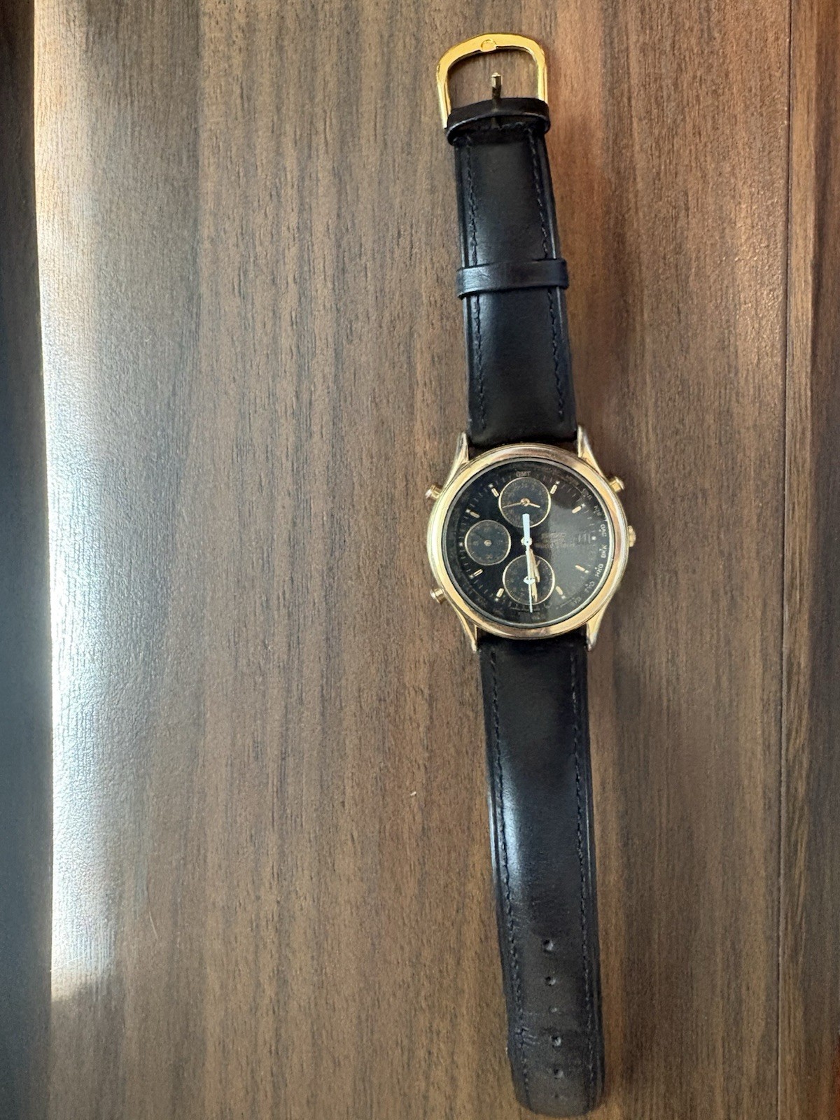 Vintage Seiko Mens Watch 36mm Gold Tone Black World Timer 5T52-6A30