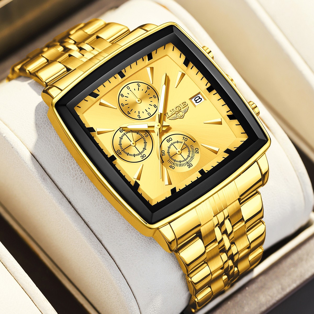 Mens Watch Quartz Multifunction Luminous Chronograph Male Steel Wristwatch Gold