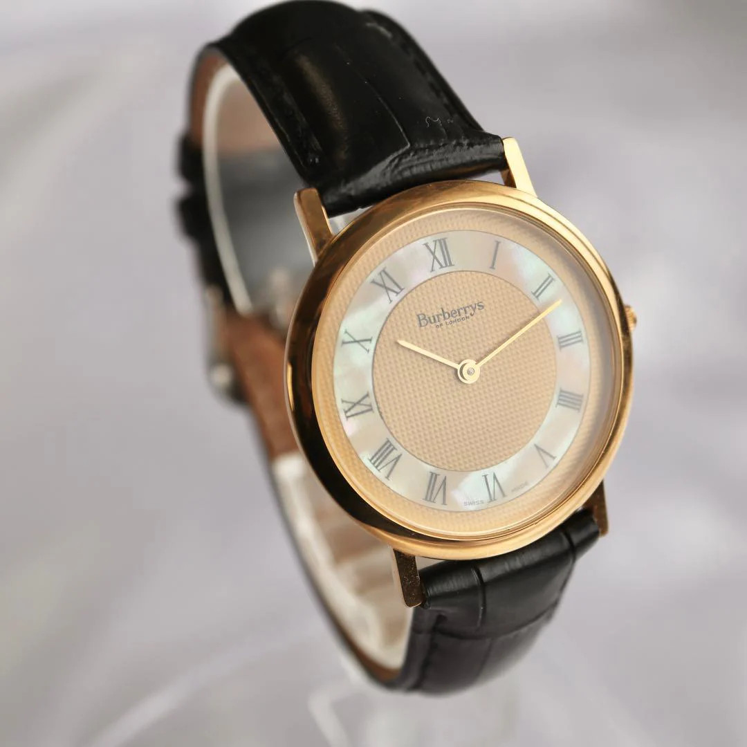 BURBERRY Quartz 34mm Gold Shell Roman Dial Black Strap Mens Watch
