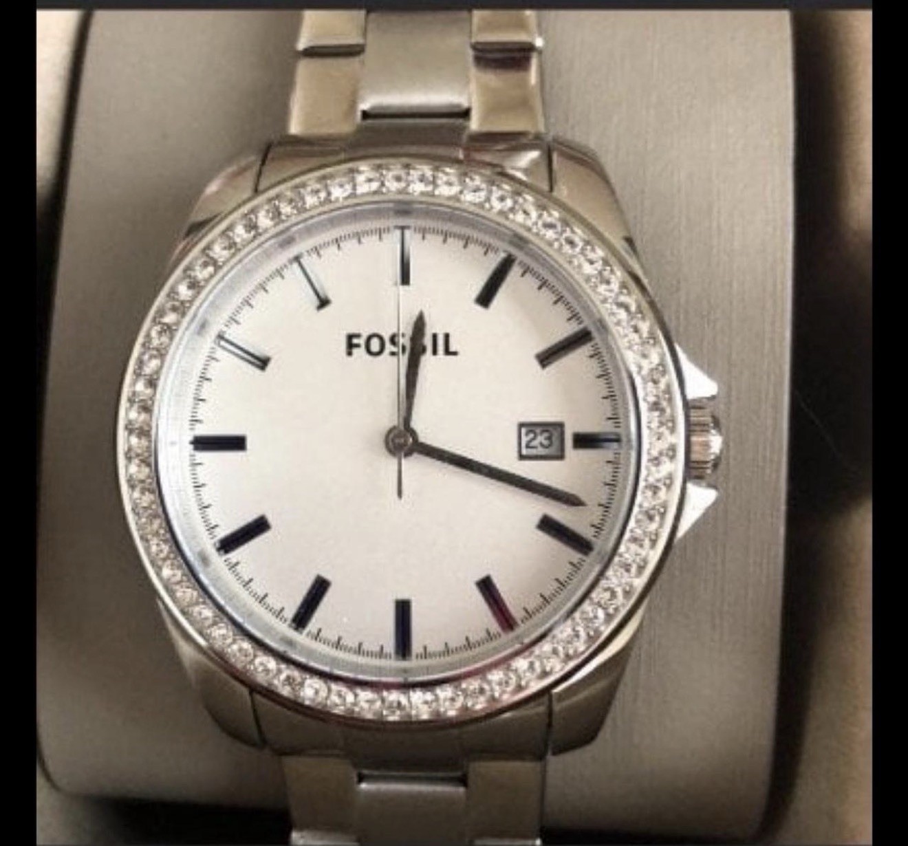 Fossil Silver Analog Wristwatch Gem-Set Bezel Date Indicator Original Box