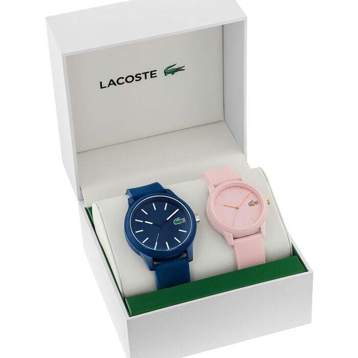 LACOSTE SET 2 2070008 BLUE/PINK SILICONE STRAP 42/36MM MENS AND WOMENS WATCH SET