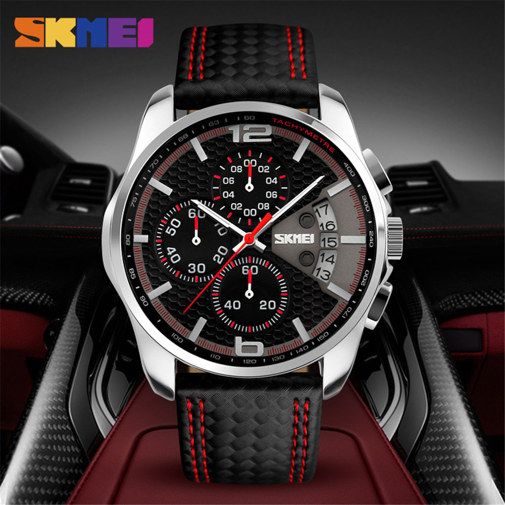 SKMEI Men Quartz Watch Leather Strap Chronograph Date Male Business Wristwatches
