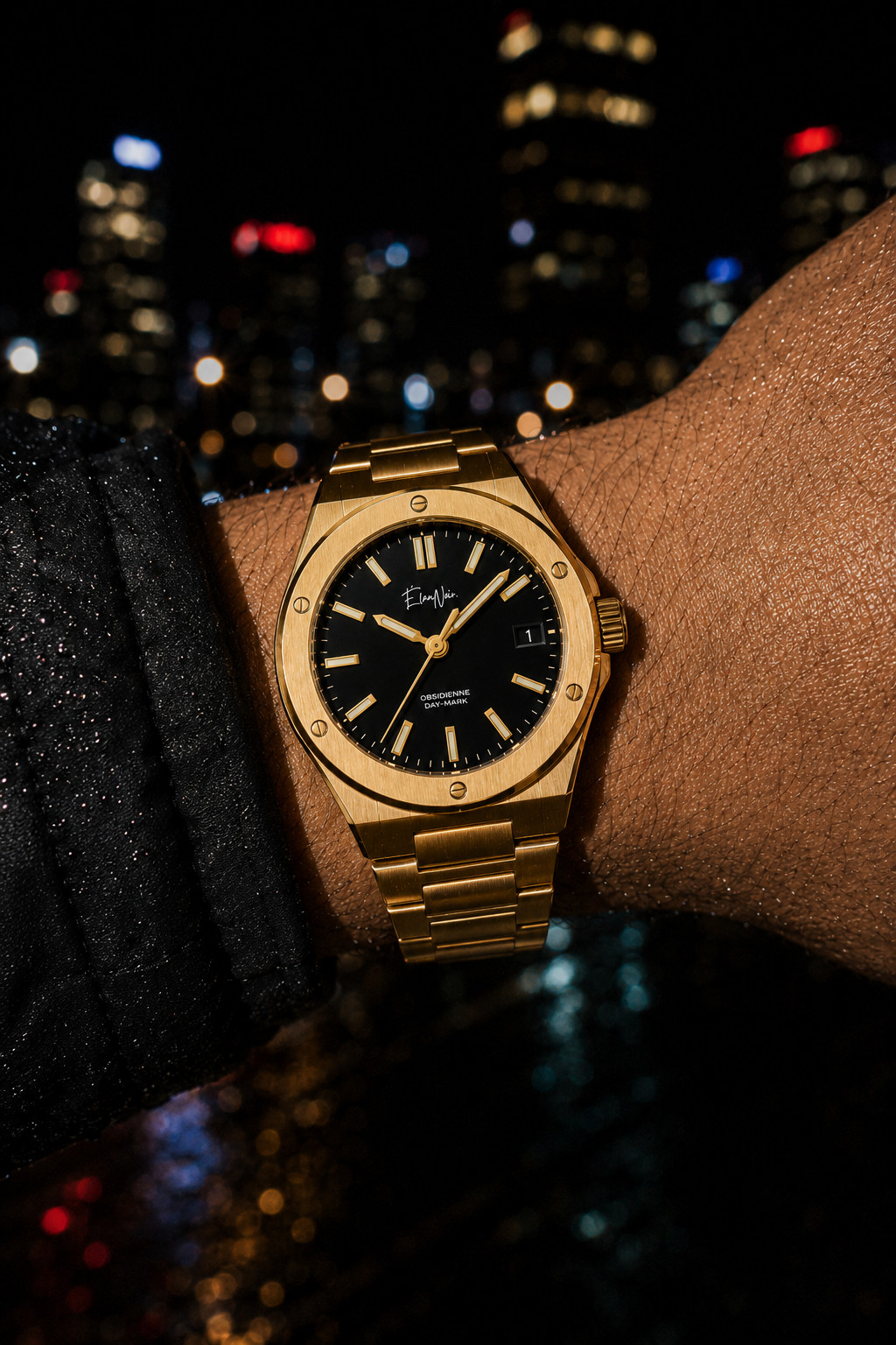 Élan Noir Day-Mark Automatic Mens Watch Gold Black Dial Sapphire Steel 41mm