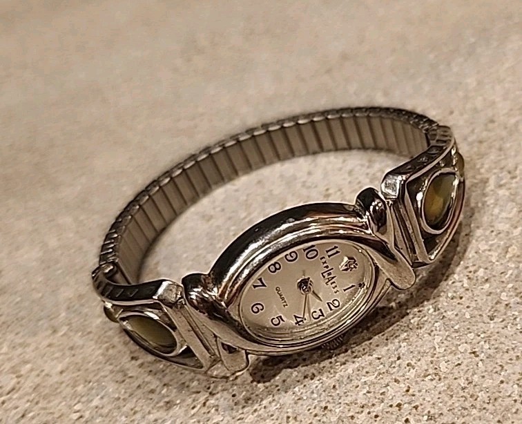 Vintage Silver Stretch Watch Green Yellow Cats Eye Moonstone Quartz LA EXPRESS
