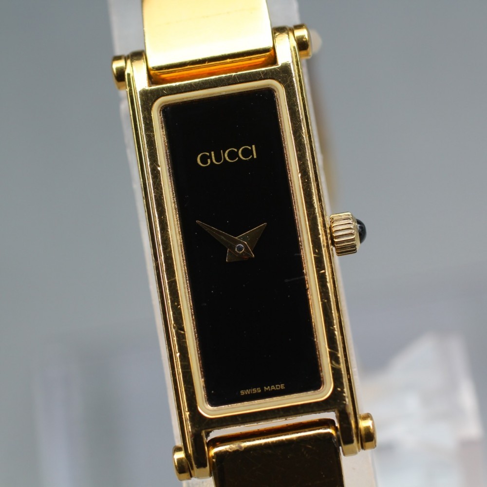 Near MINT GUCCI 1500L Black Rectangular Gold Bangle GP Quartz Ladies Watch 16cm