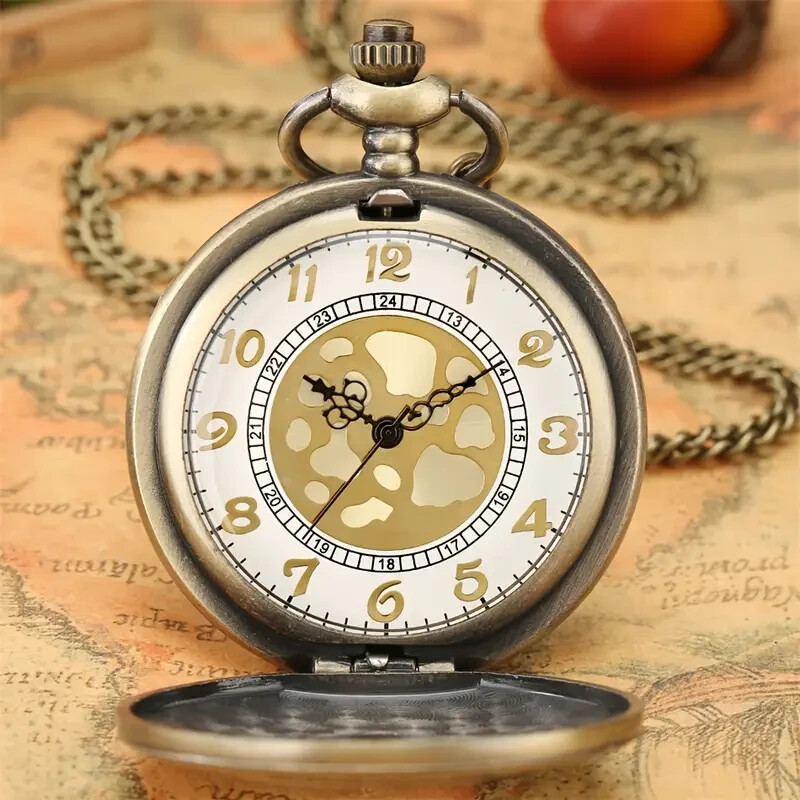 Retro Bronze Hollow Flip Roman Numerals Quartz Pocket Watch Fashionable Gift New