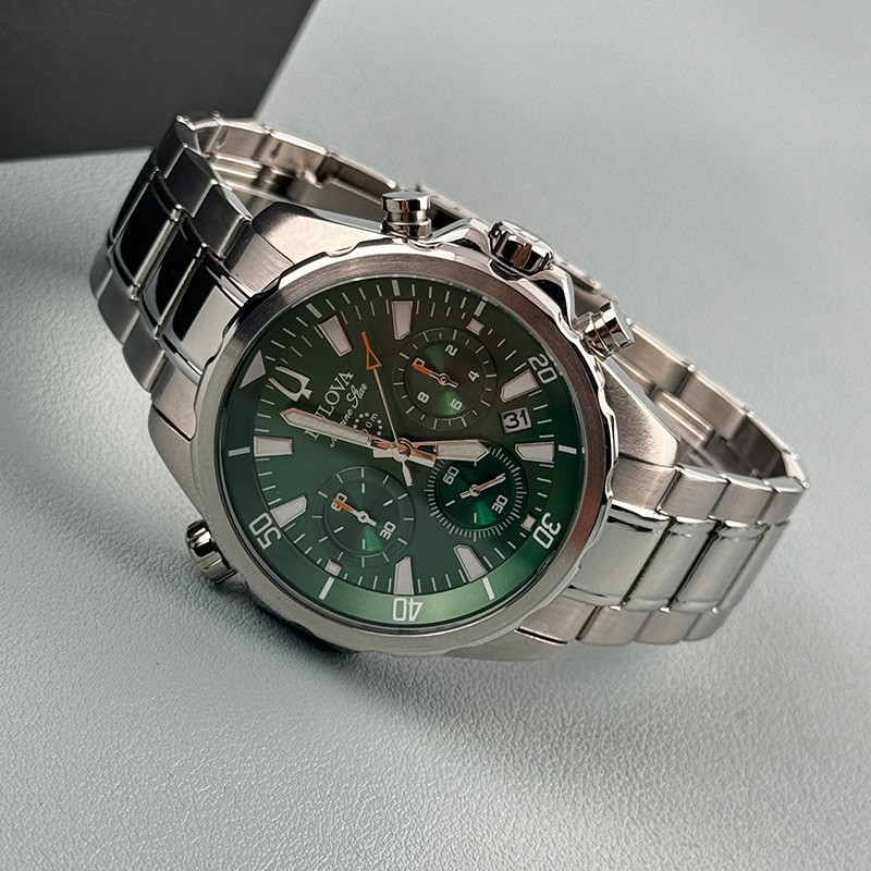 Bulova Marine Star 96B396 Chronograph Men’s Quartz Watch Green Dial 43mm