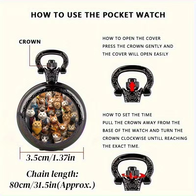 CATS Vintage Quartz Pocket Watch with Chain Pendent Zinc Alloy Black