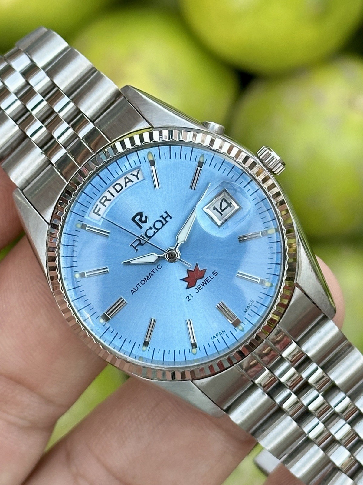 Ricoh President Automatic 21 Jewels Beauty Ice ? Blue Dial Day/Date Wristwatch