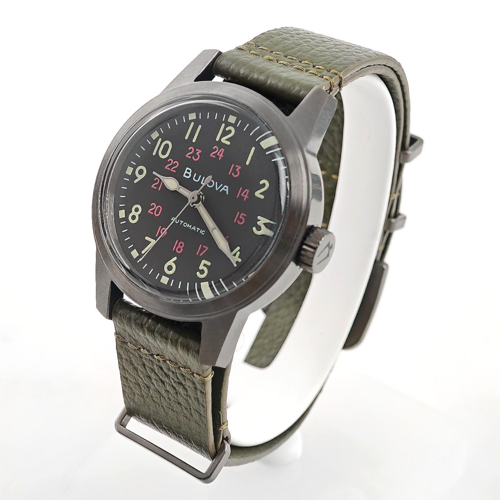 Bulova Military Hack 98A255 Men’s Black Dial Green Leather Strap Automatic Watch