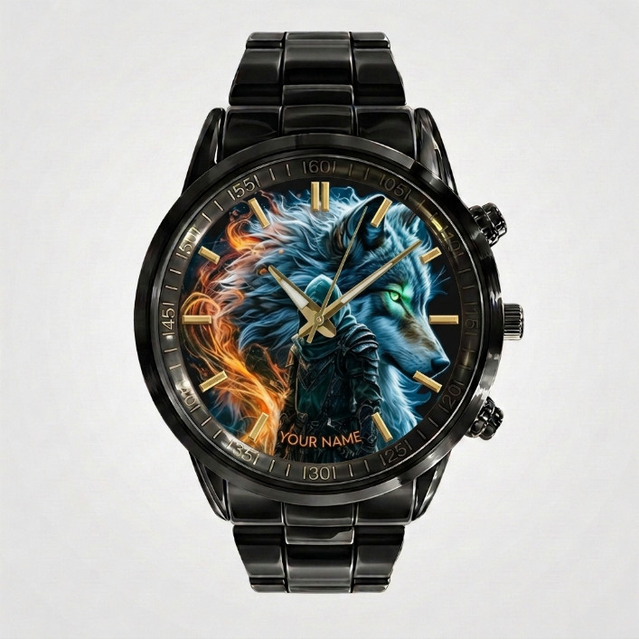 Personalized Dragon Fox Wild Black Stainless Steel Watch Gift For Men Animal