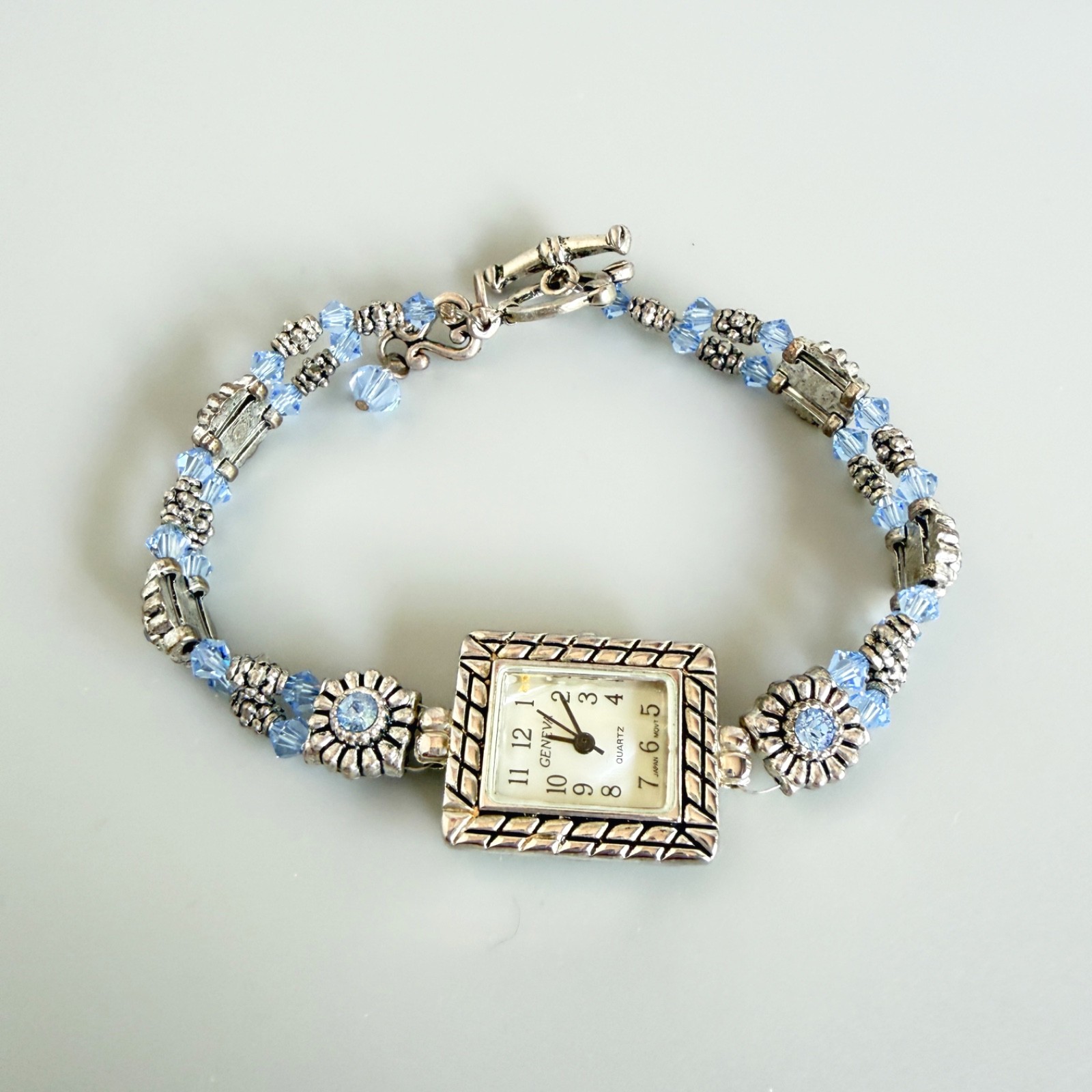 Geneva Silver Tone Beaded Watch Light blue Bicone Crystal Toggle Strap Retro