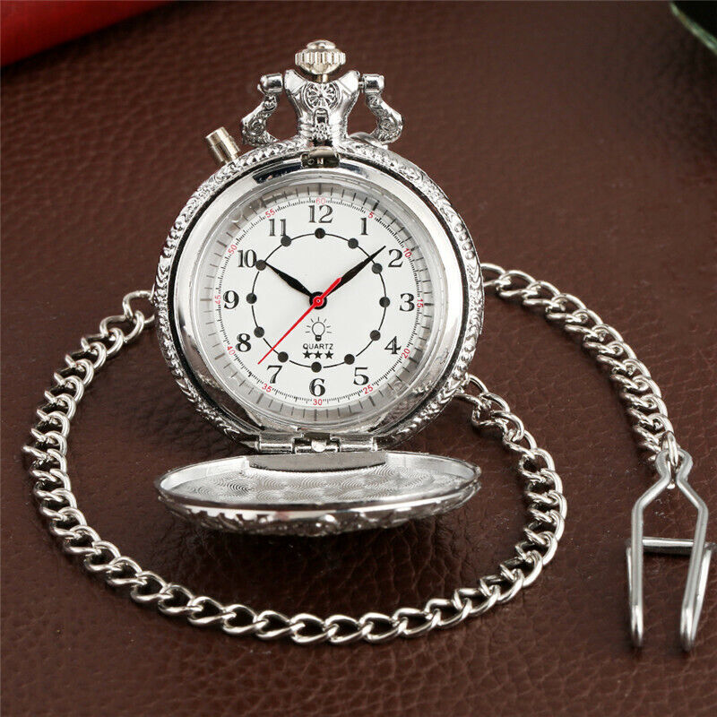 Steampunk Train LED Display Unisex Quartz Pocket Watch Antique Pendant Fob Chain