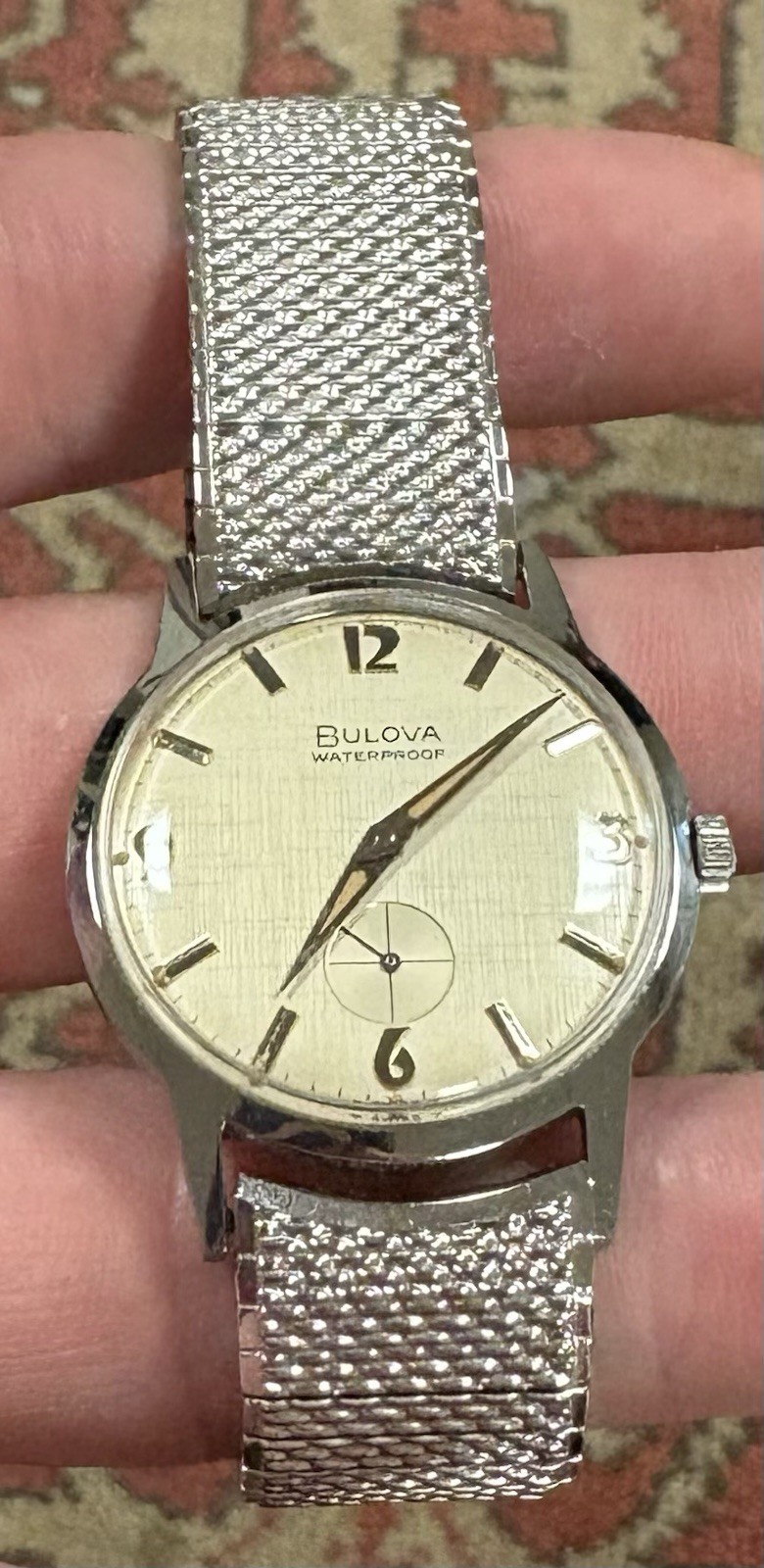 Bulova Surf King Watch linen dial ~keeps great time~32 mm 17j 11AL 10kt GF band