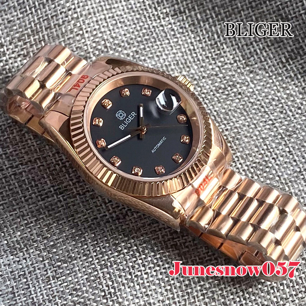 Bliger Rose Gold Case Strap Polish Watch Case 24 Jewels NH35A Automatic Movement