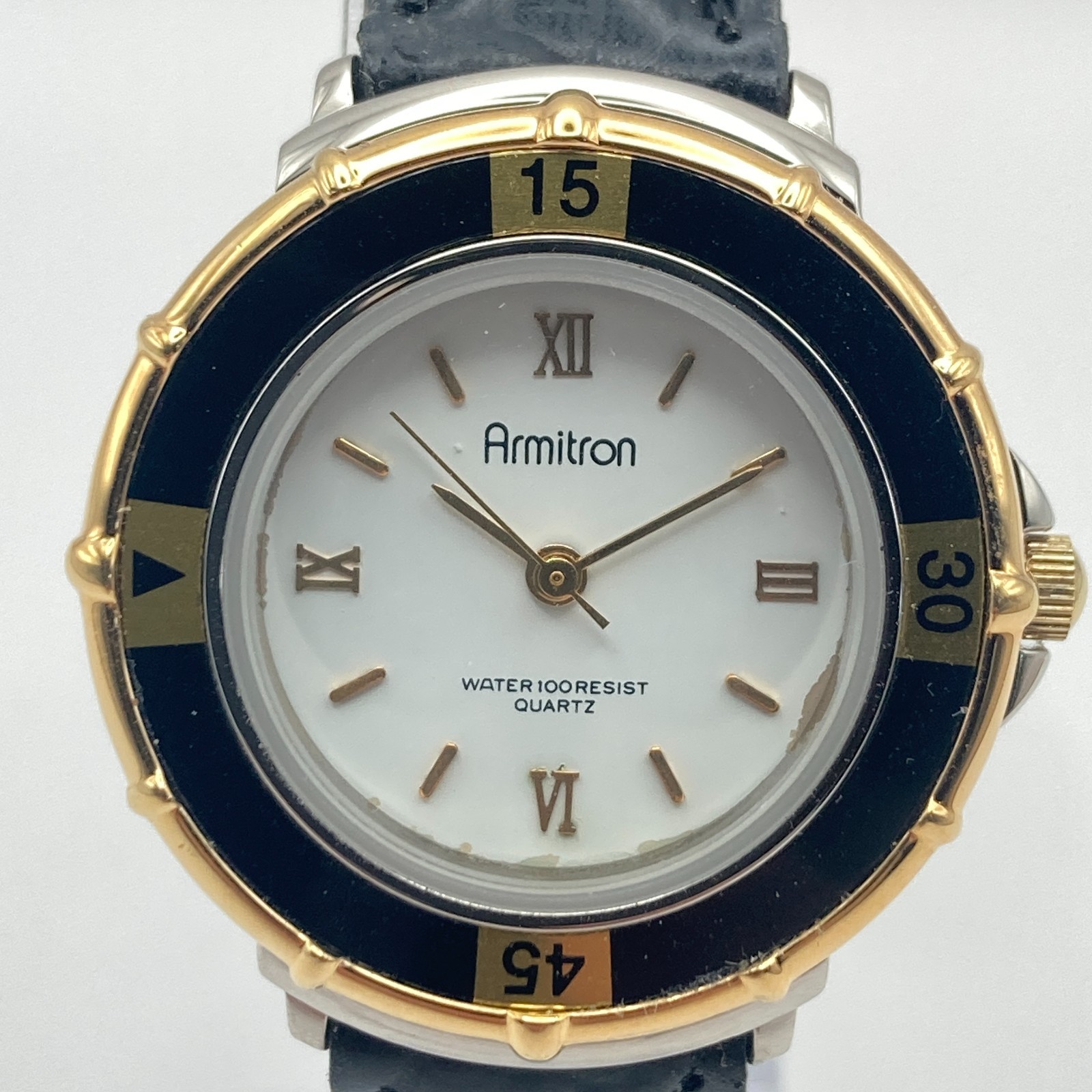 Vtg Armitron Womens Watch Gold Silver Tone Rotating Bezel New Battery SMALL 7.5″
