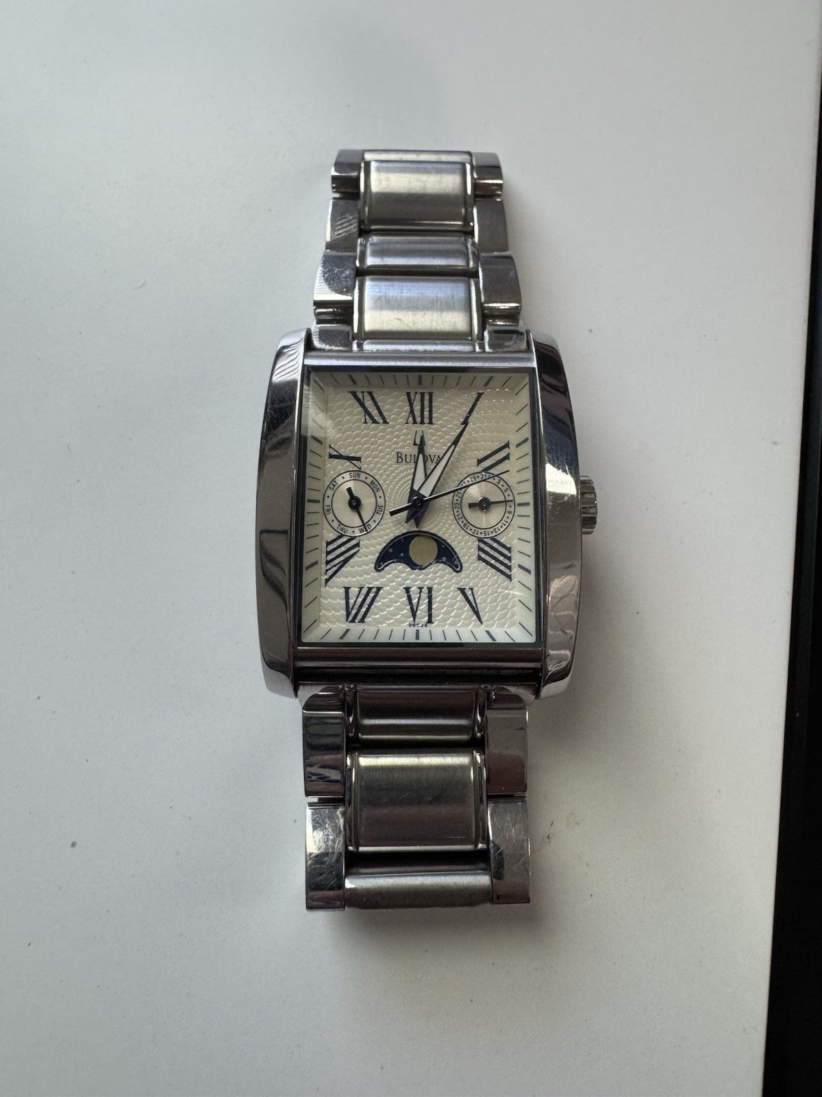 Bulova 96C26 Moon Phase New Battery Mens Watch 34MM 7″ Stainless Steel