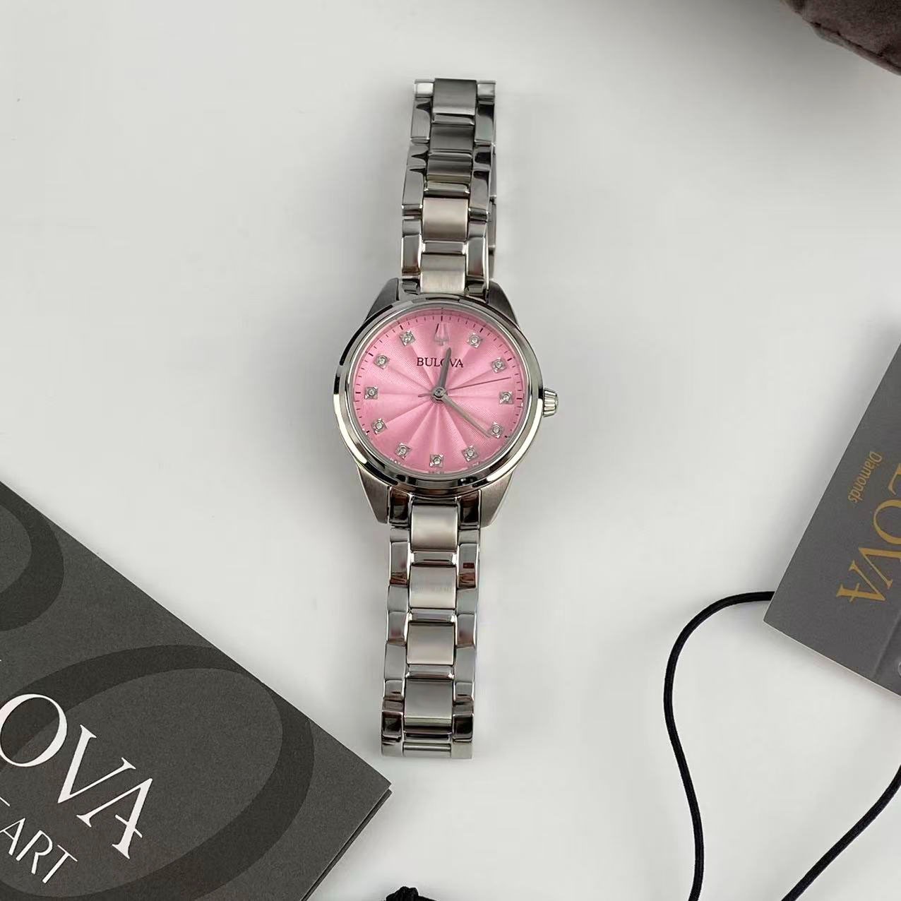 Bulova Sutton Diamond Pink Dial Stainless Steel Women’s Quartz Watch 96P249 28mm
