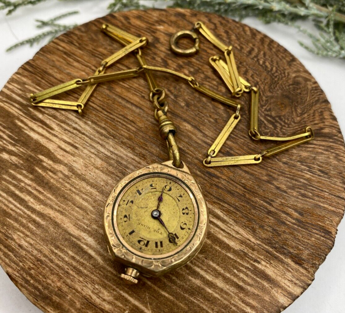 Vintage gold filled B&B Royal pocket watch “The Rose”, no crystal, brass chain