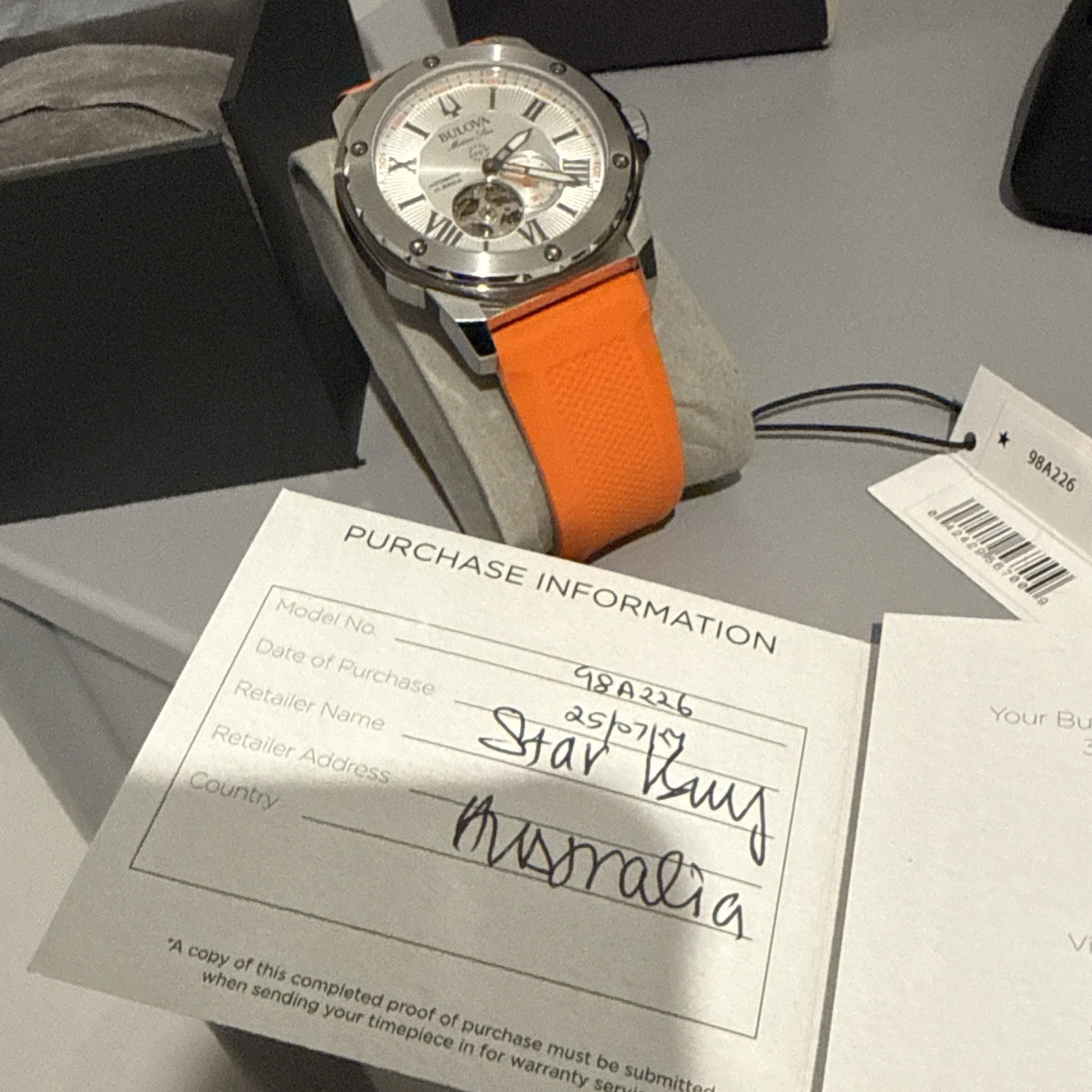 Bulova Marine Star 98A226 Automatic Men’s Silver Dial Orange Rubber Strap Watch