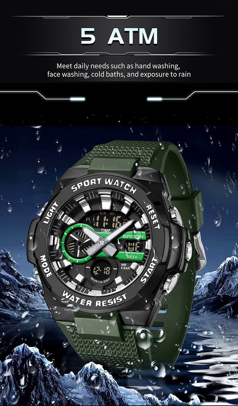 Dual display dial multifunctional sports style luminous quartz waterproof watch