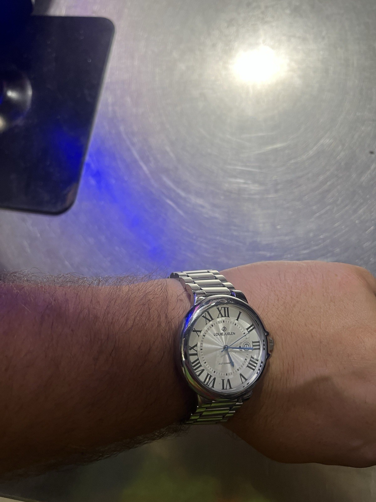 Louie Juelen Men’s Automatic Dress Watch 34mm Roman Date 100M Expo Back