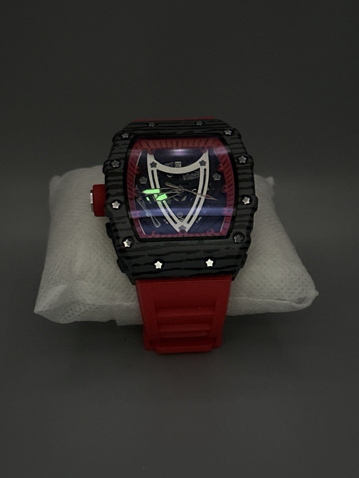 ORUSS 1853 Skeleton Style Red Black Watch Tonneau Silicone Strap New No Tag/box