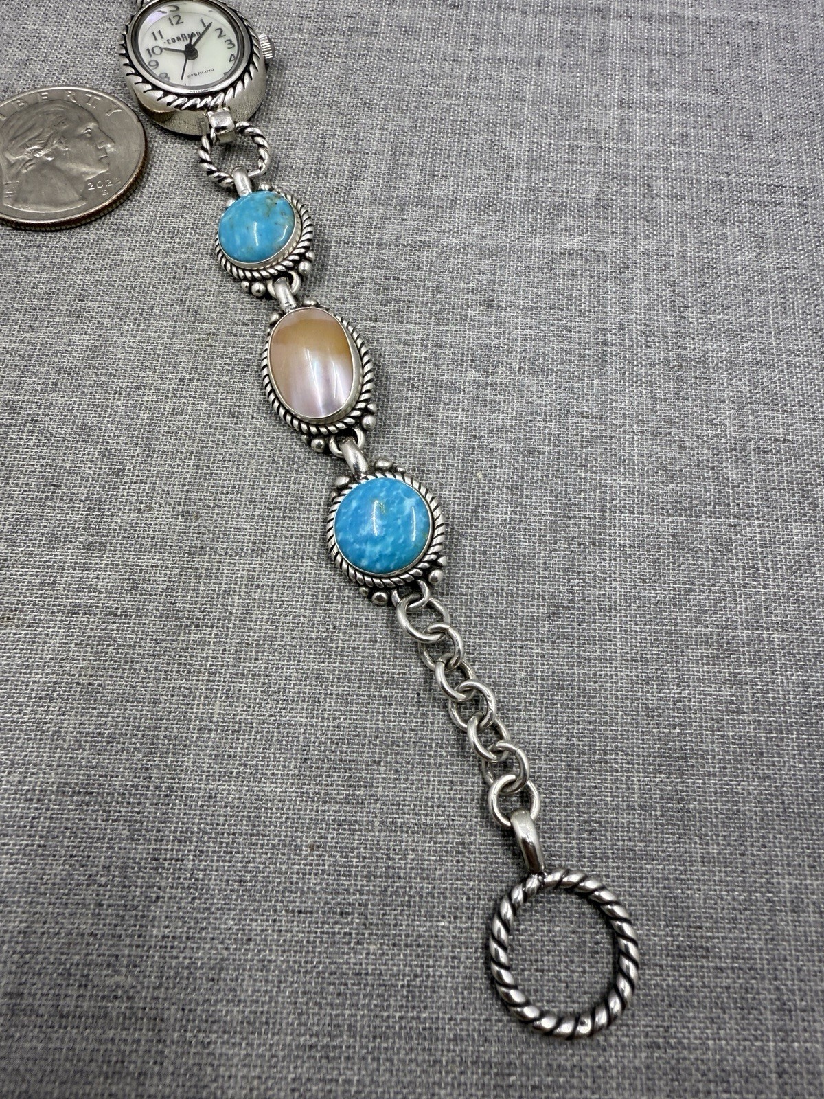 Carolyn Pollack Turquoise & MOP Toggle Clasp Bracelet Sterling .925 Watch