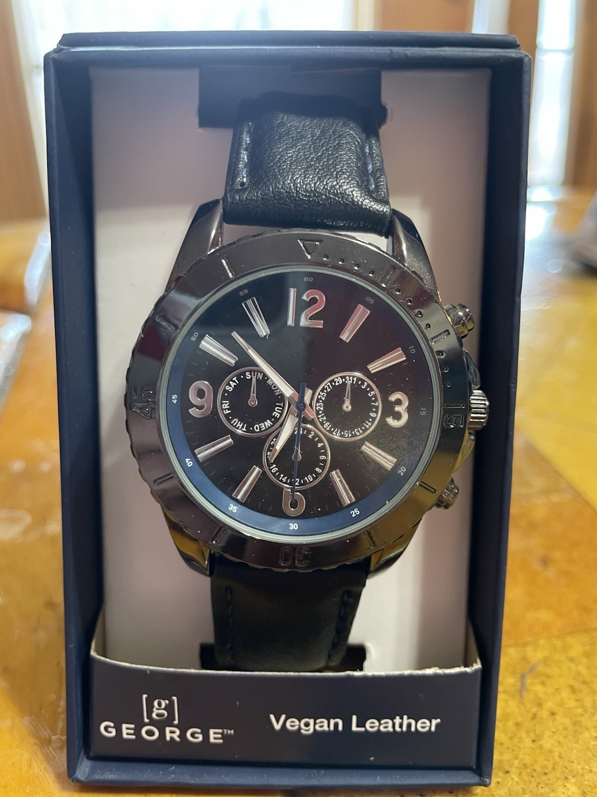 George Men’s Chronograph Quartz Watch Black Dial, Vegan Leather Strap 45mm
